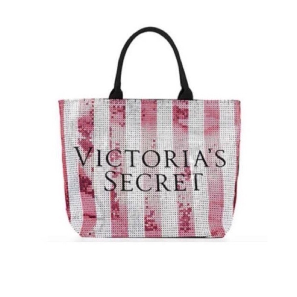 Victoria's Secret Pink Silver Sequin Stripe Tote Bag Logo Glam Holiday Travel